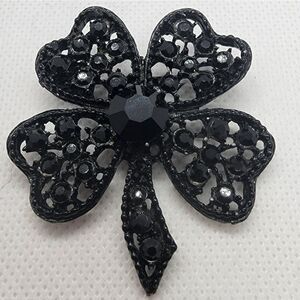 Vintage LJM Black Four-Leaf Clover Brooch